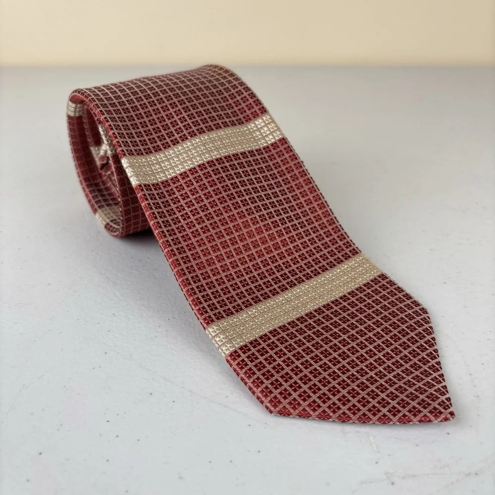 Ben Silver Charleston English Silk Tie‎ Necktie Burgundy Beige Stripe Geometric